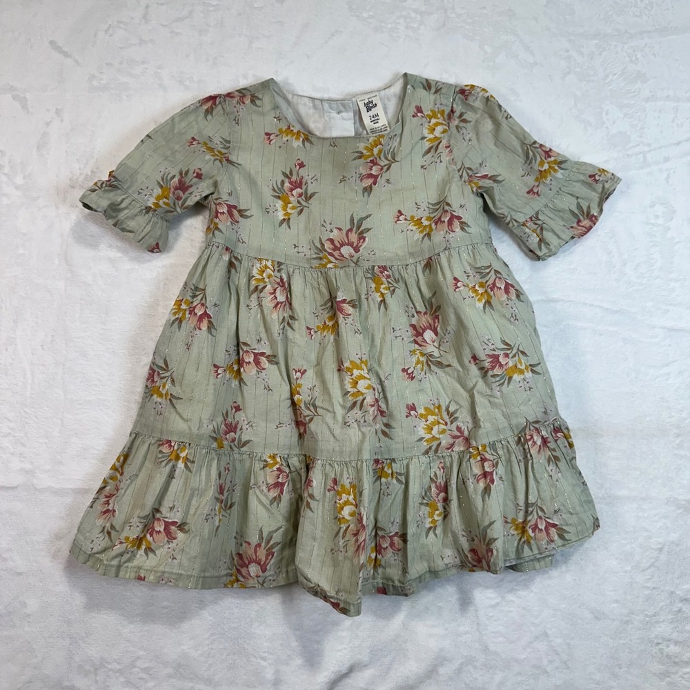 Baby B'gosh Floral Tiered Dress 24M Green Pre-Owned Metallic Lurex Girls